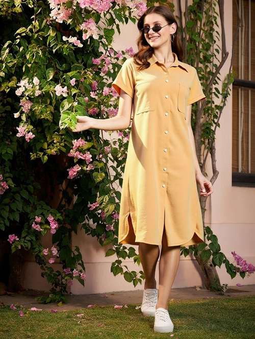 women solid short sleeve collared shirt dress - 22084575 - Standard Image - 0