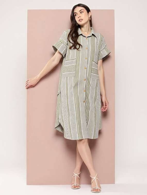 women striped short sleeve collared shirt dress - 22084584 - Zoom Image - 0
