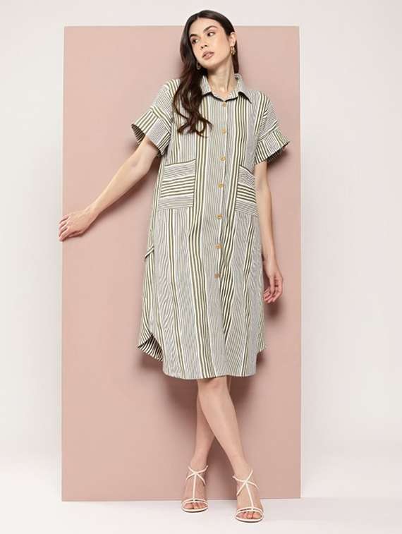 women striped short sleeve collared shirt dress - 22084584 -  Zoom Image - 0
