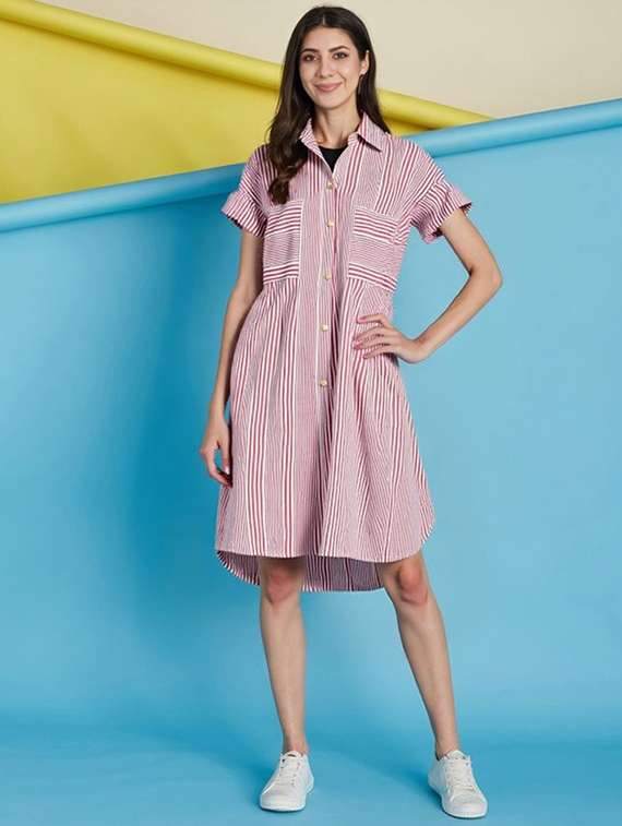 women striped short sleeve collared shirt dress - 22084585 - Zoom Image - 0