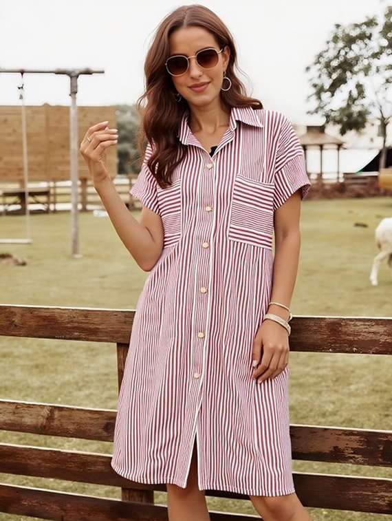 women striped short sleeve collared shirt dress - 22084589 - Zoom Image - 0