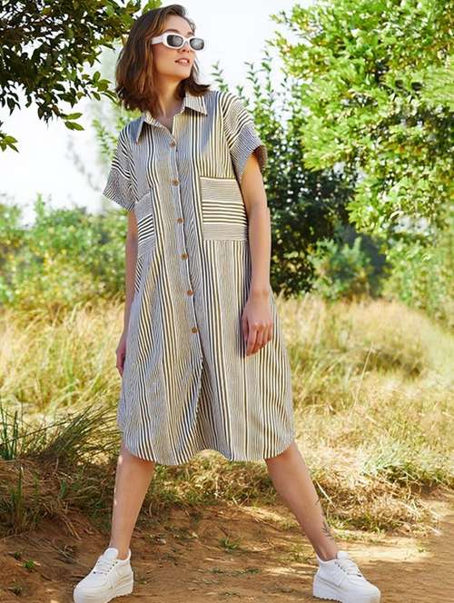 women striped short sleeve collared shirt dress - 22084592 -  Standard Image - 0