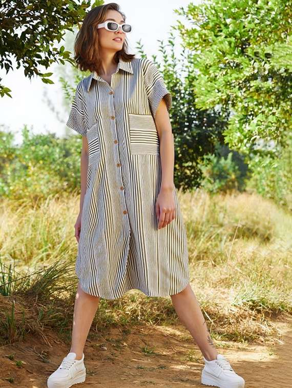 women striped short sleeve collared shirt dress