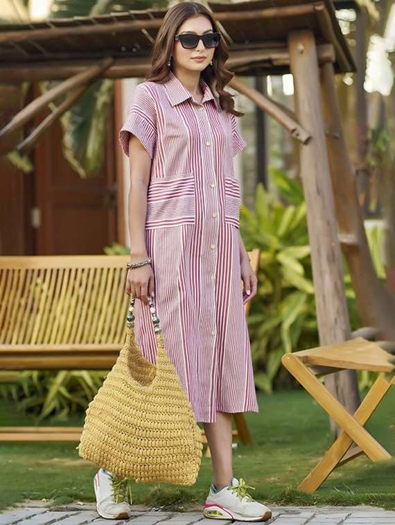 women striped short sleeve collared shirt dress