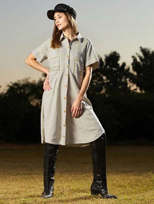 women striped short sleeve collared shirt dress - 22084594 -  Standard Image - 0