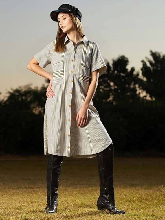 women striped short sleeve collared shirt dress