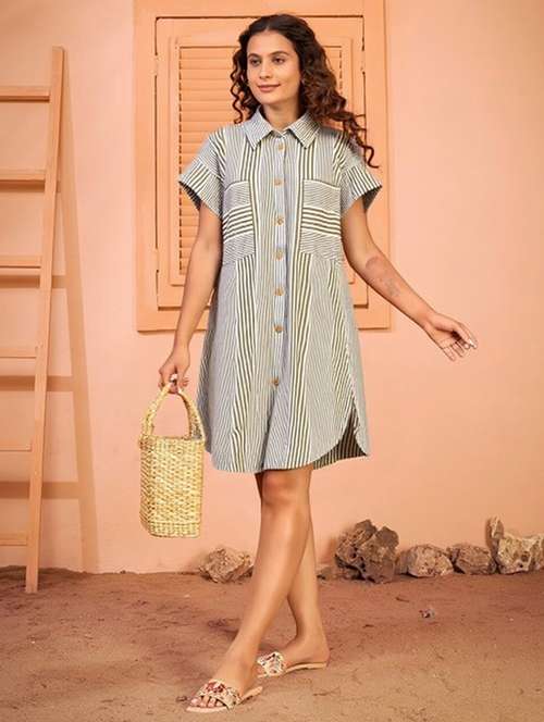 women striped short sleeve collared shirt dress - 22084596 - Standard Image - 0