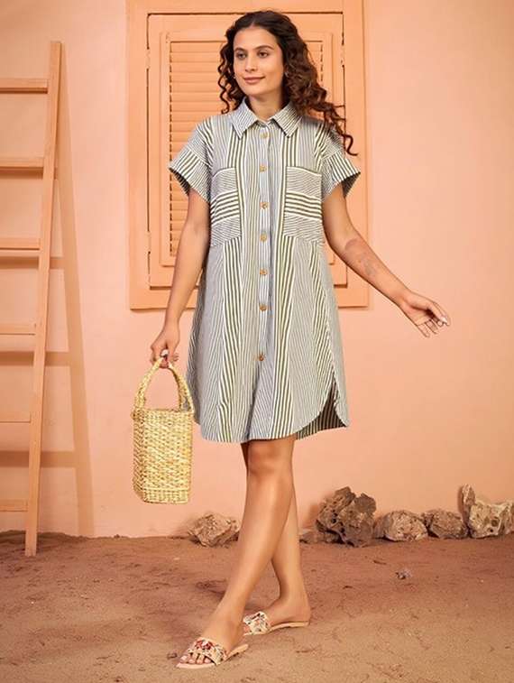 women striped short sleeve collared shirt dress - 22084596 - Zoom Image - 0