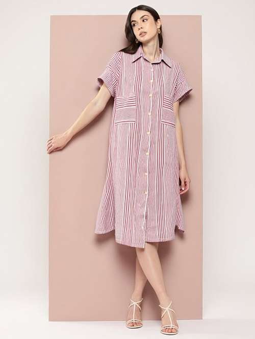 women striped short sleeve collared shirt dress - 22084597 - Standard Image - 0