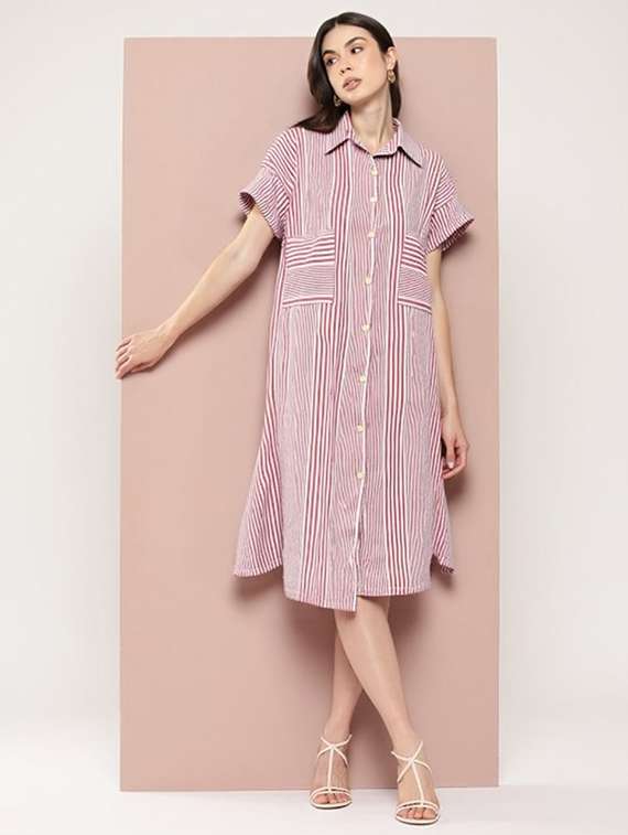 women striped short sleeve collared shirt dress - 22084597 - Zoom Image - 0