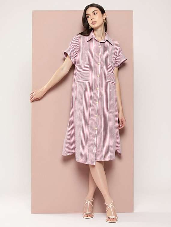 women striped short sleeve collared shirt dress