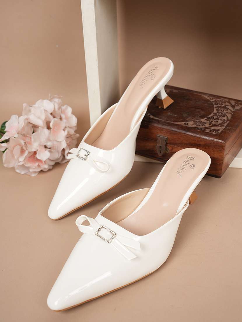 women solid slip on kitten heel mules