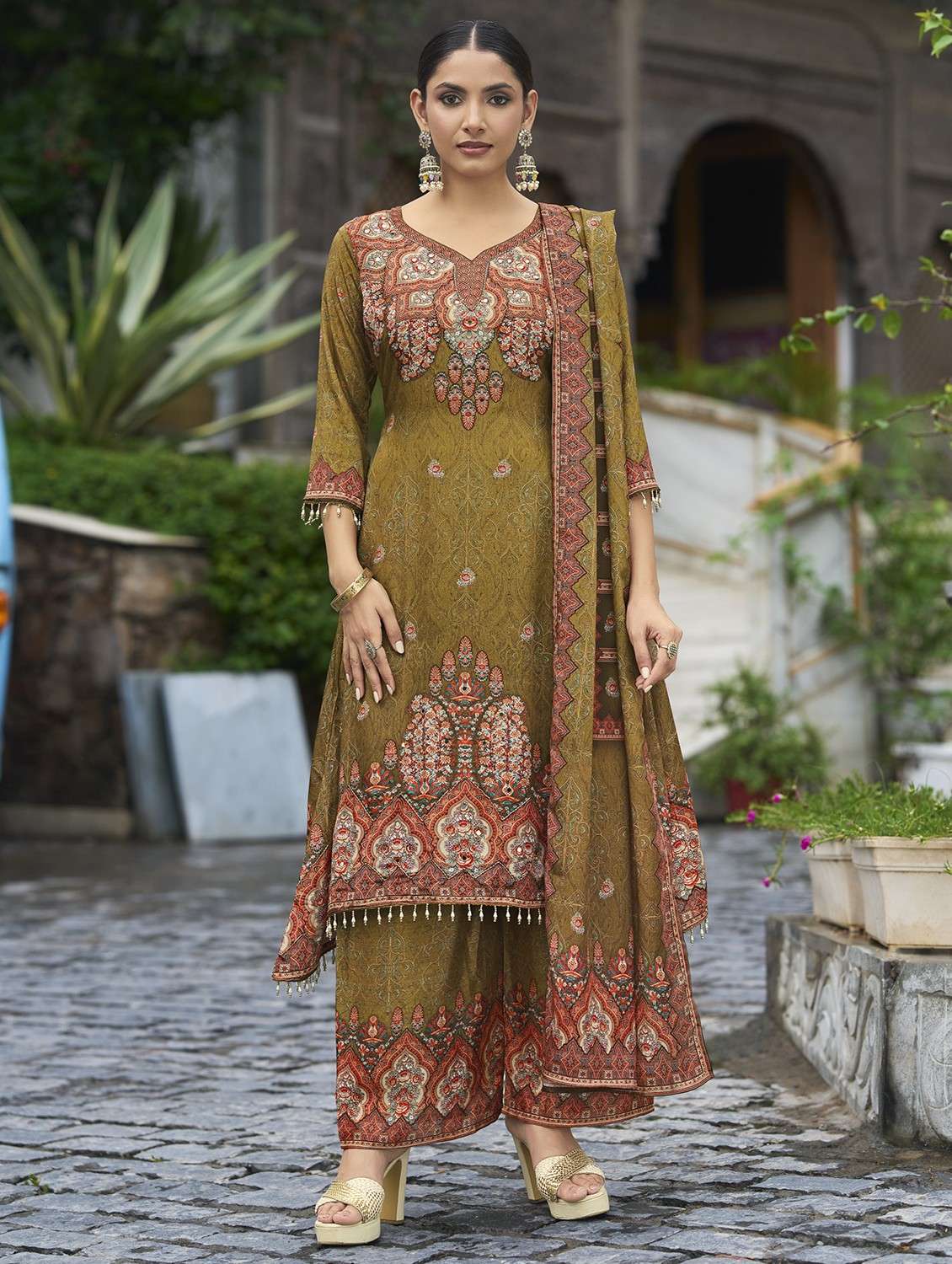 women printed long sleeve kurta palazzo with dupatta set - 22084657 -  Zoom Image - 0