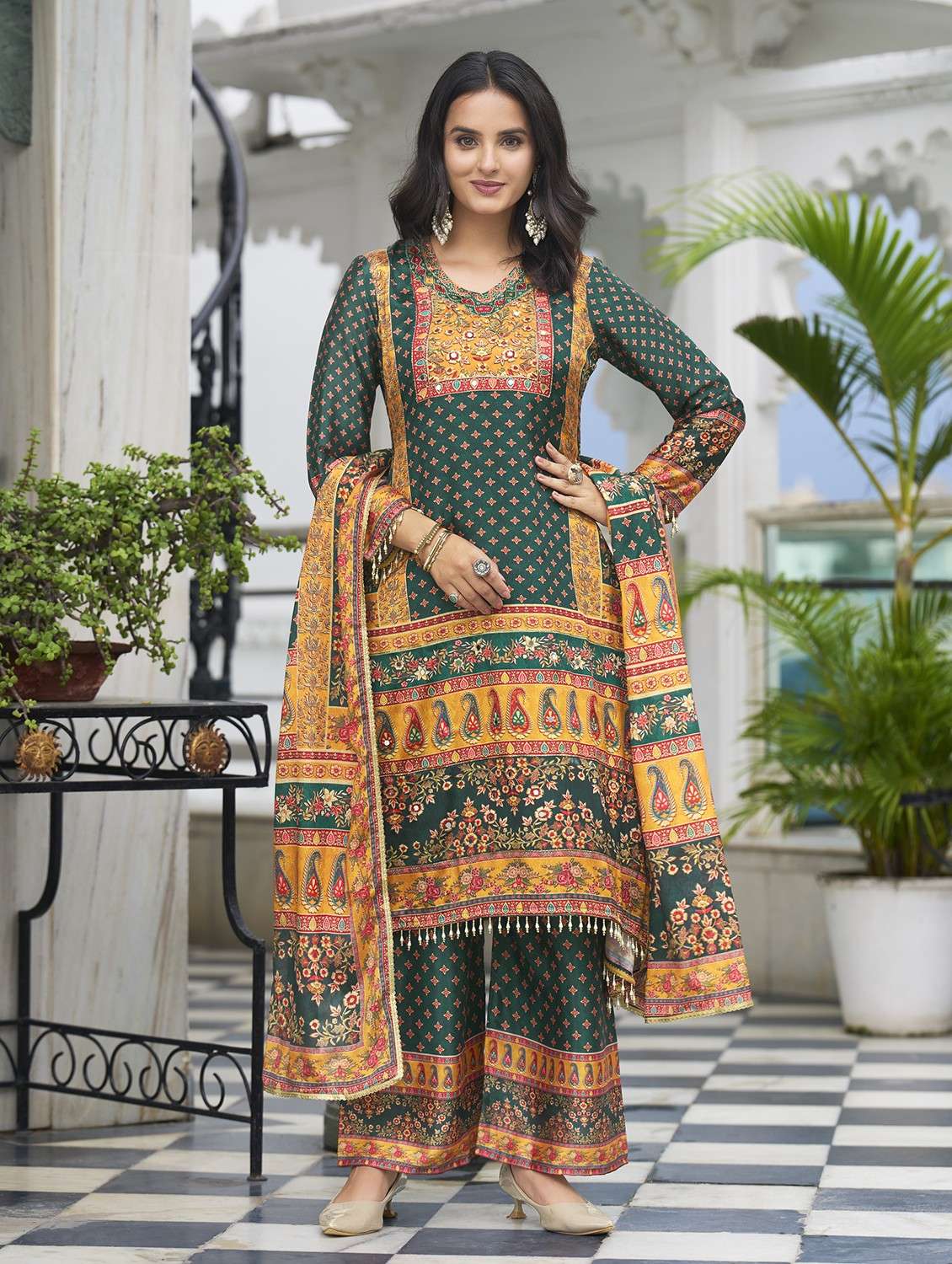 women printed long sleeve kurta palazzo with dupatta set - 22084659 -  Zoom Image - 0