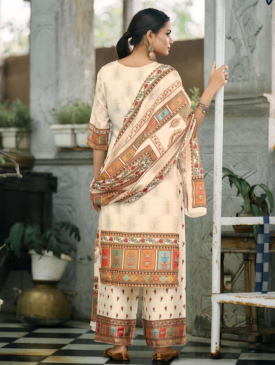 Women Printed Three Quarter Sleeve Kurta Palazzo With Dupatta Set