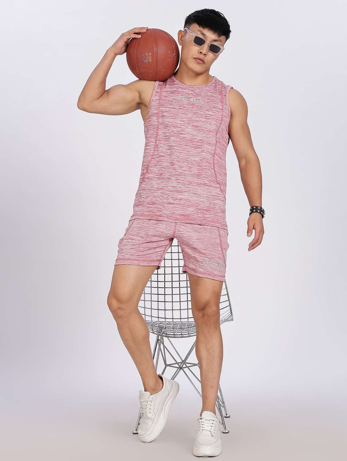 men melange t-shirt & shorts co-ord set