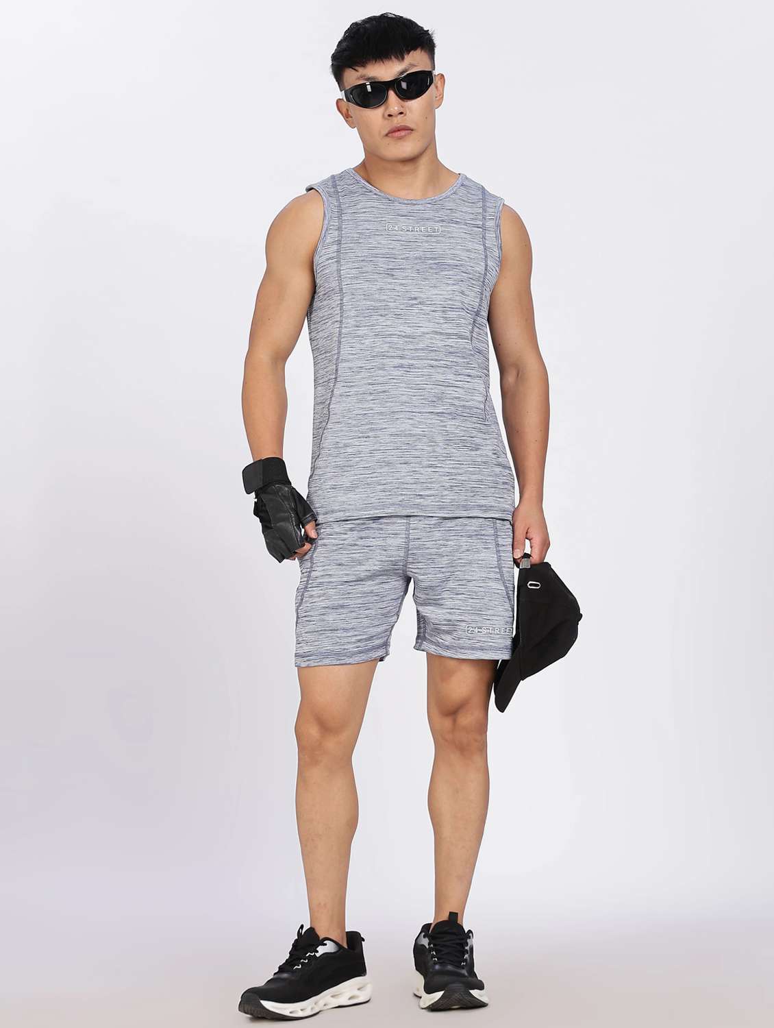 men melange t-shirt & shorts co-ord set