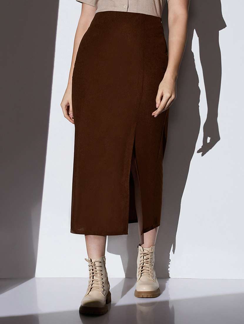globus women brown mid-rise self design striped front slit midi workwear pencil skirt