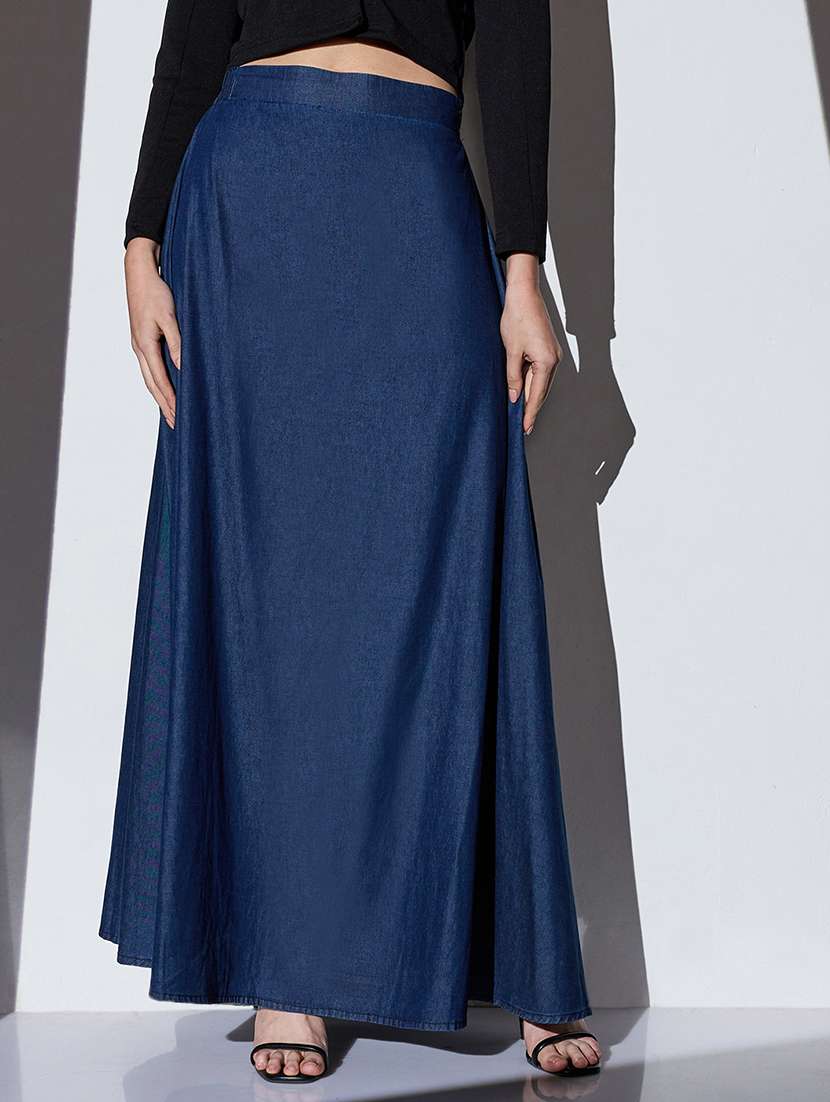 globus women med blue mid-rise solid a-line denim maxi skirt