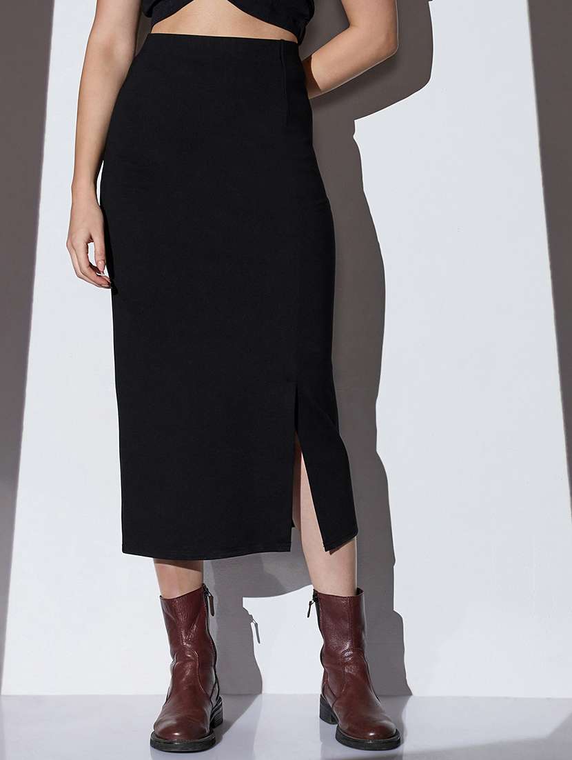 globus women black mid-rise solid stretchable front slit midi workwear pencil skirt - 22085172 -  Zoom Image - 0