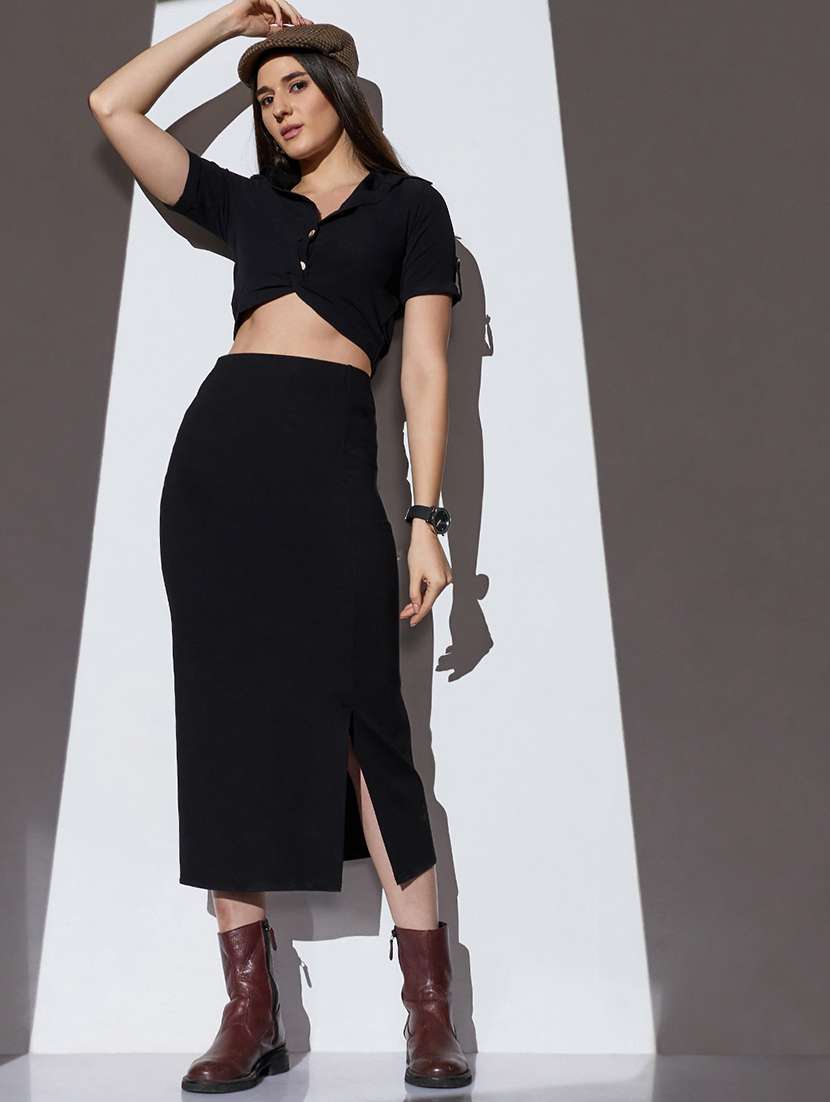 globus women black mid-rise solid stretchable front slit midi workwear pencil skirt - 22085172 -  Standard Image - 3