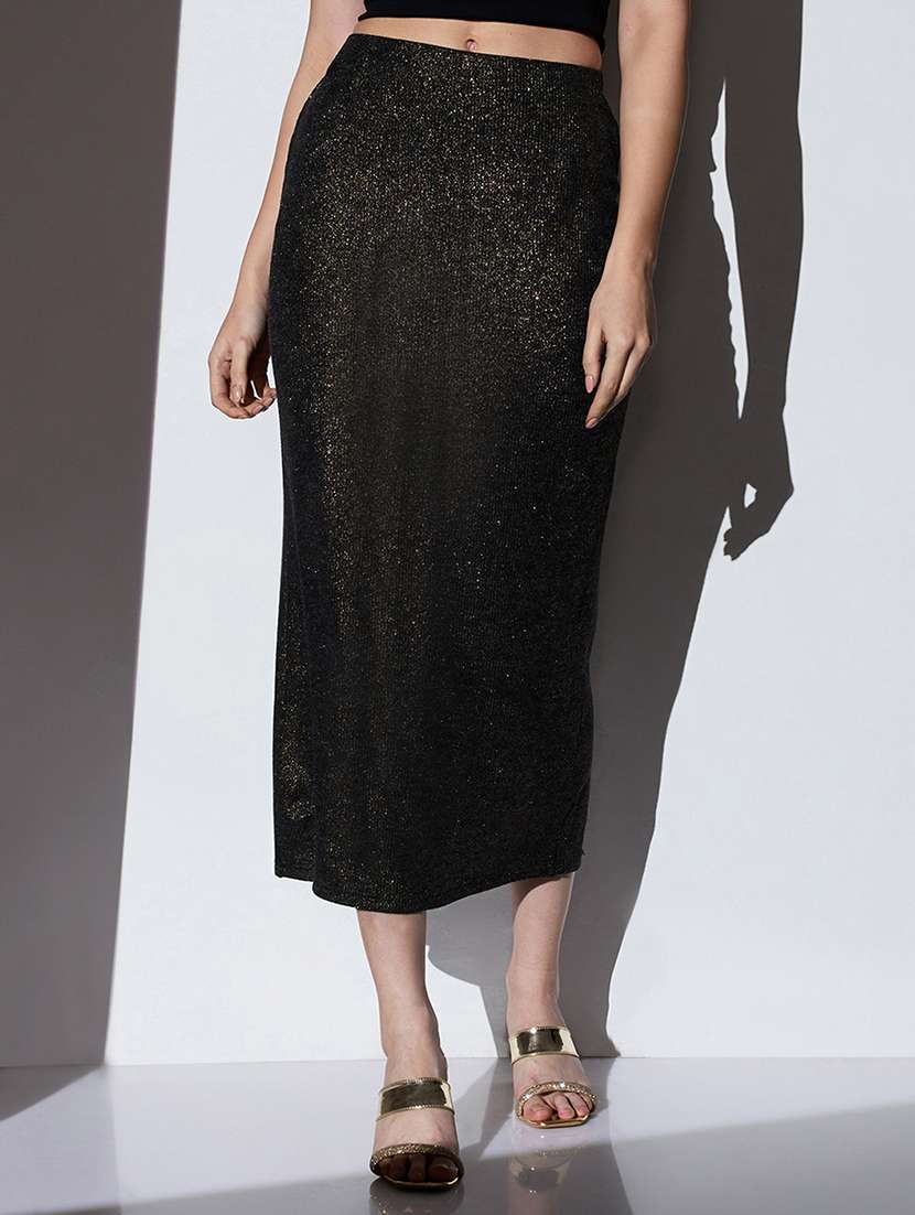 globus women gold mid-rise self design striped shimmer stretchable back slit midi party pencil skirt - 22085175 -  Zoom Image - 0