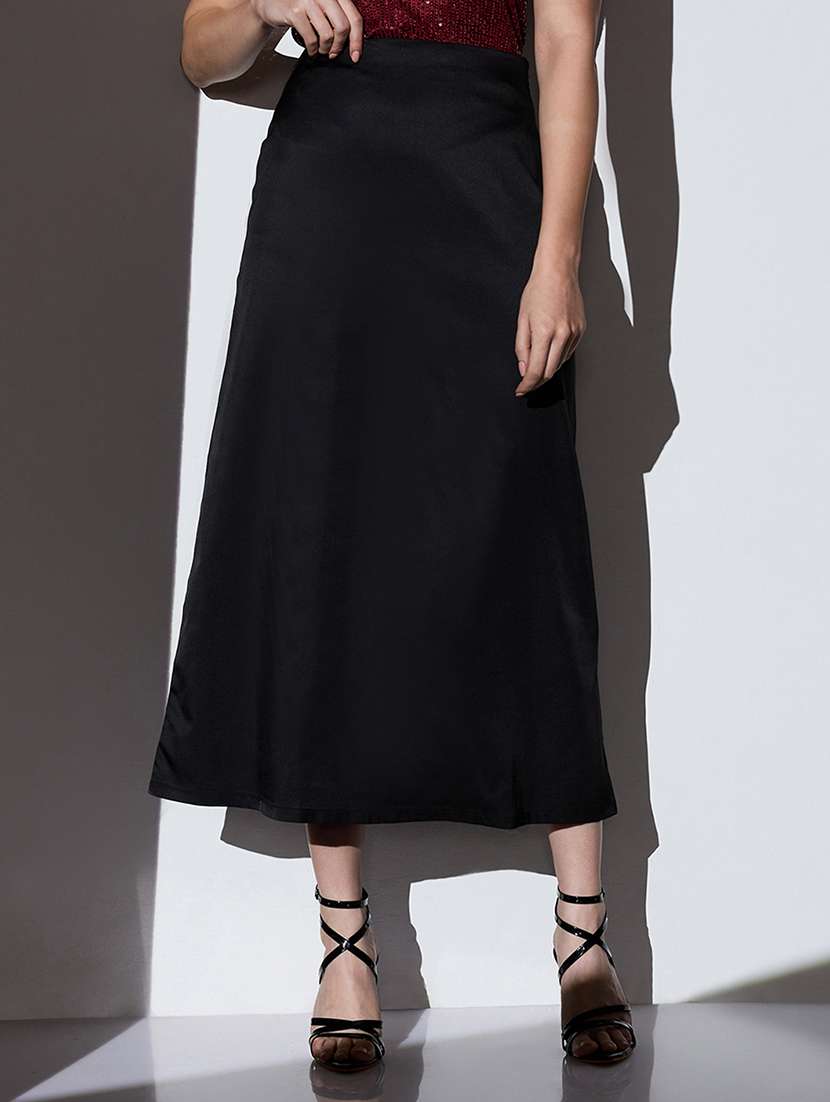 globus women black mid-rise solid midi a-line party skirt
