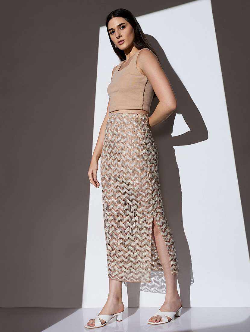 globus women beige chevron pattern crochet mid rise side slit beach pencil midi skirt - 22085178 -  Standard Image - 3