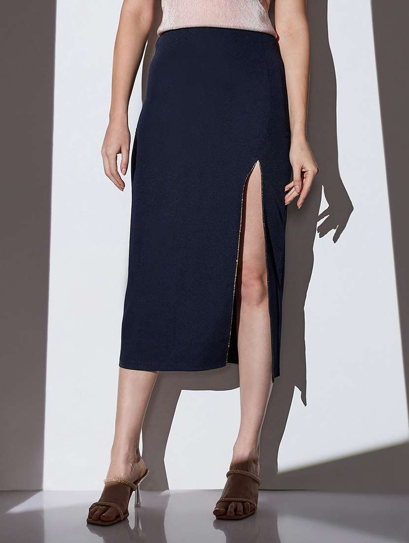 globus women navy mid-rise shimmer front slit midi party pencil skirt
