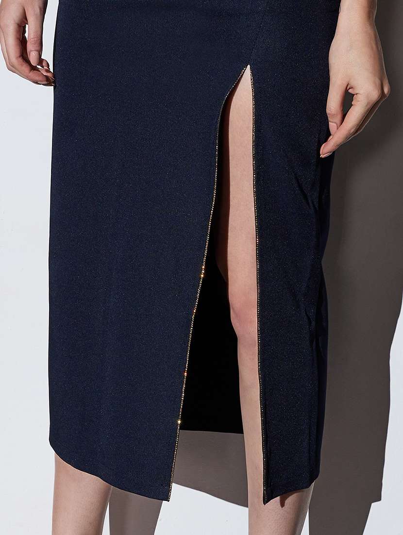globus women navy mid-rise shimmer front slit midi party pencil skirt - 22085182 -  Standard Image - 5