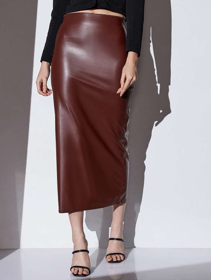 globus women chocolate brown mid-rise solid stretchable back slit midi party pencil skirt - 22085186 -  Zoom Image - 0