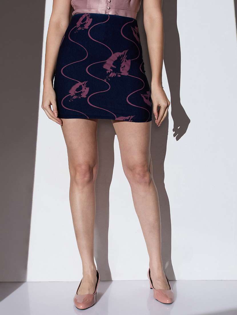 globus women dark blue mid-rise abstract print mini pencil skirt
