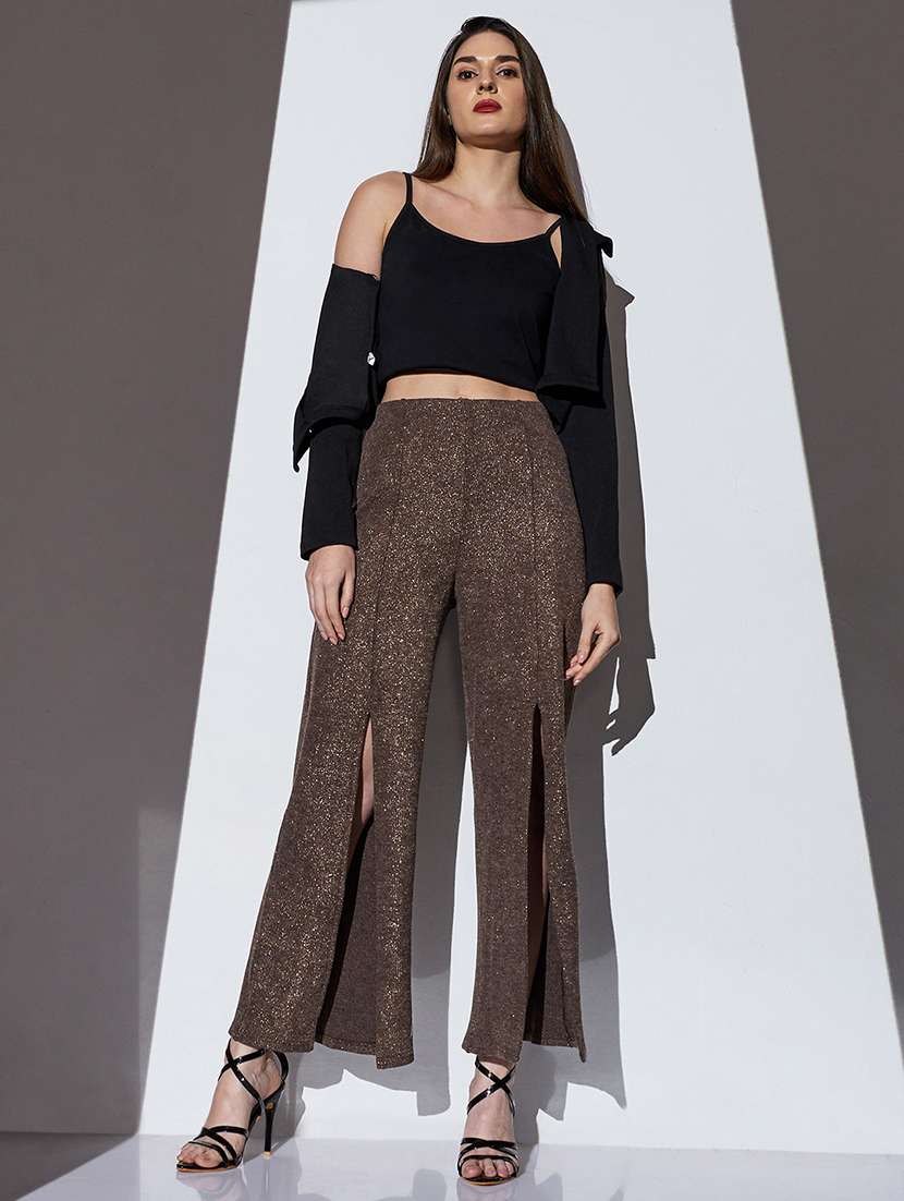 globus women gold mid-rise self striped shimmer front slit wide leg party trousers - 22085189 -  Standard Image - 3