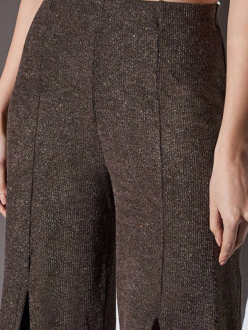 globus women gold mid-rise self striped shimmer front slit wide leg party trousers - 22085189 -  Standard Image - 5