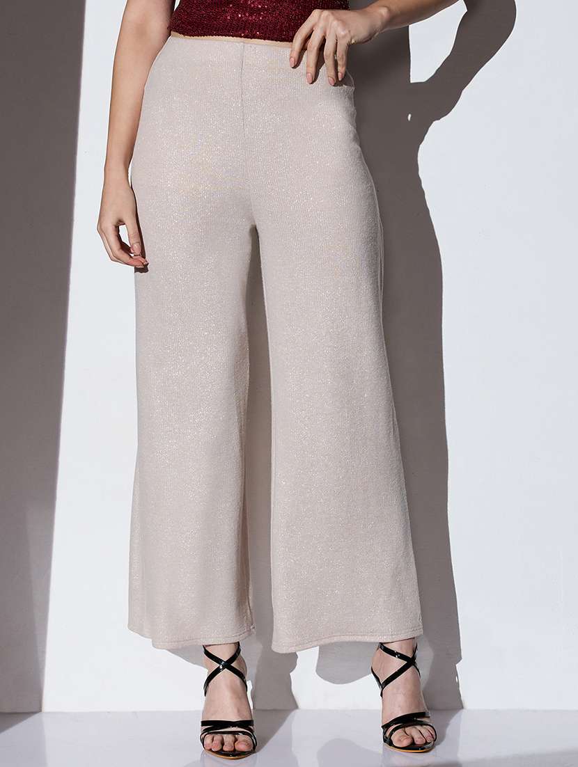 globus women off white mid-rise self striped shimmer wide leg party trousers