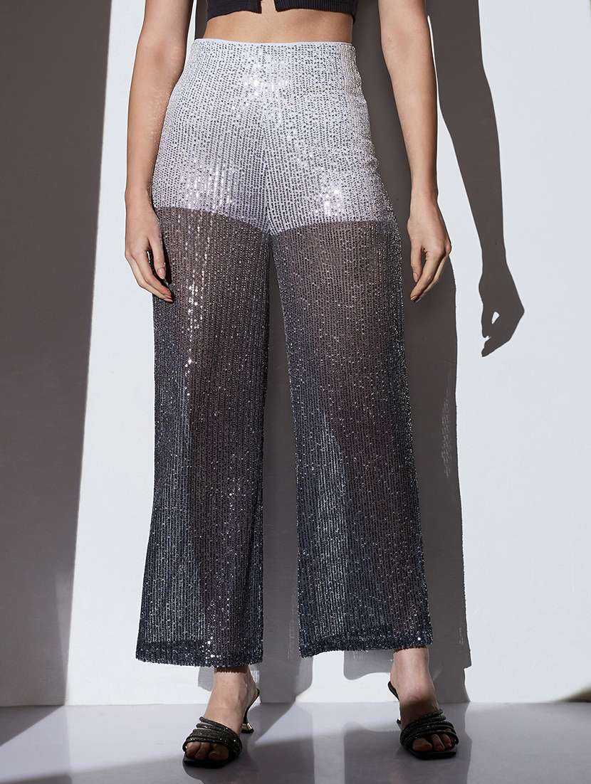 globus women white & black mid-rise ombre embellished wide leg party trousers