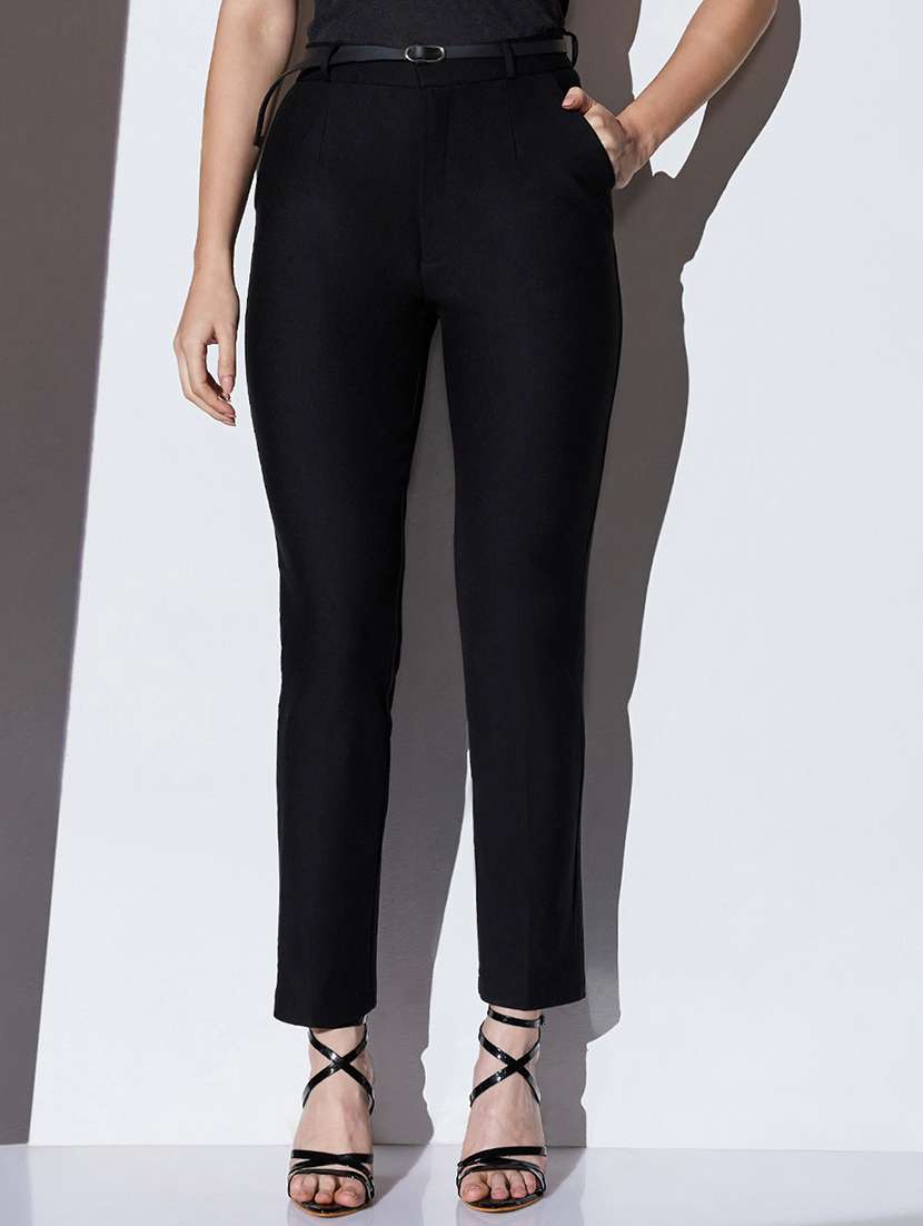 globus women black mid-rise solid stretchable slim fit formal trousers with belt - 22085193 -  Zoom Image - 0