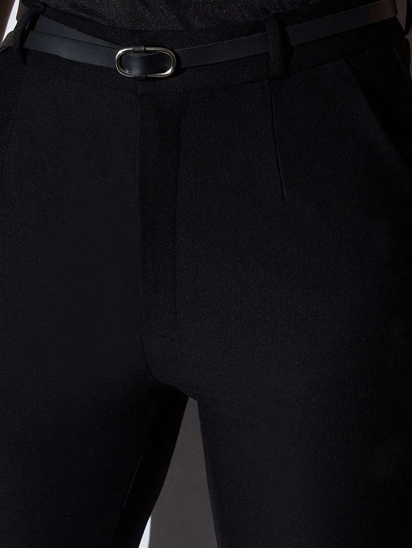 globus women black mid-rise solid stretchable slim fit formal trousers with belt - 22085193 -  Standard Image - 5