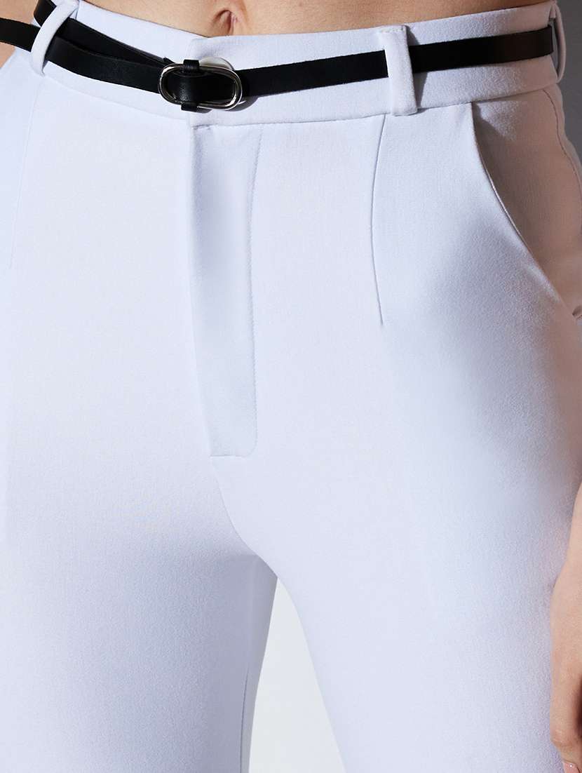 globus women white mid-rise solid stretchable slim fit formal trousers with belt - 22085194 -  Standard Image - 5