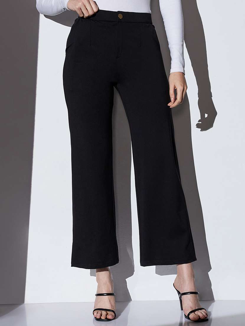 globus women black mid-rise solid wide leg formal trousers