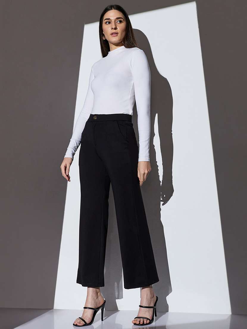 globus women black mid-rise solid wide leg formal trousers - 22085195 -  Standard Image - 3