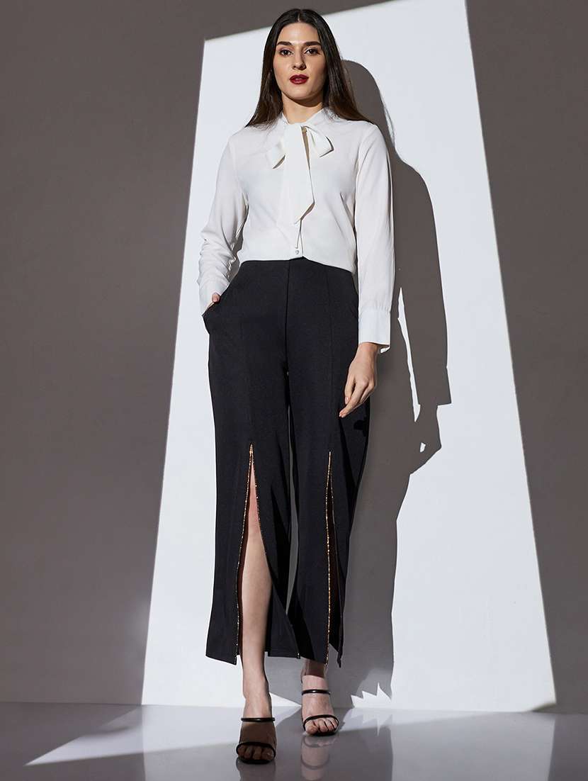 globus women black mid-rise shimmer front slit wide leg party trousers - 22085196 -  Standard Image - 3