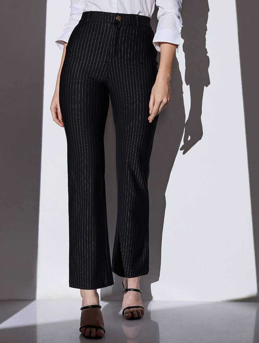 globus women black mid-rise striped straight fit wide leg formal trousers