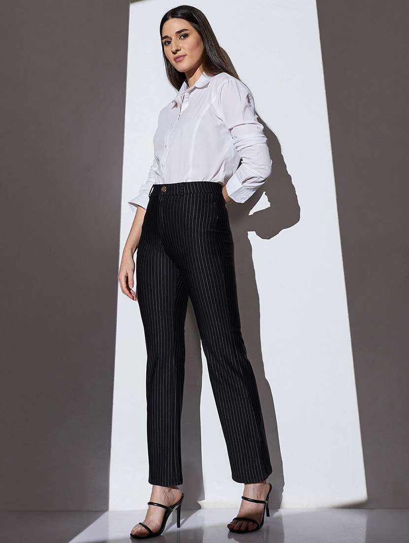 globus women black mid-rise striped straight fit wide leg formal trousers - 22085197 -  Standard Image - 3