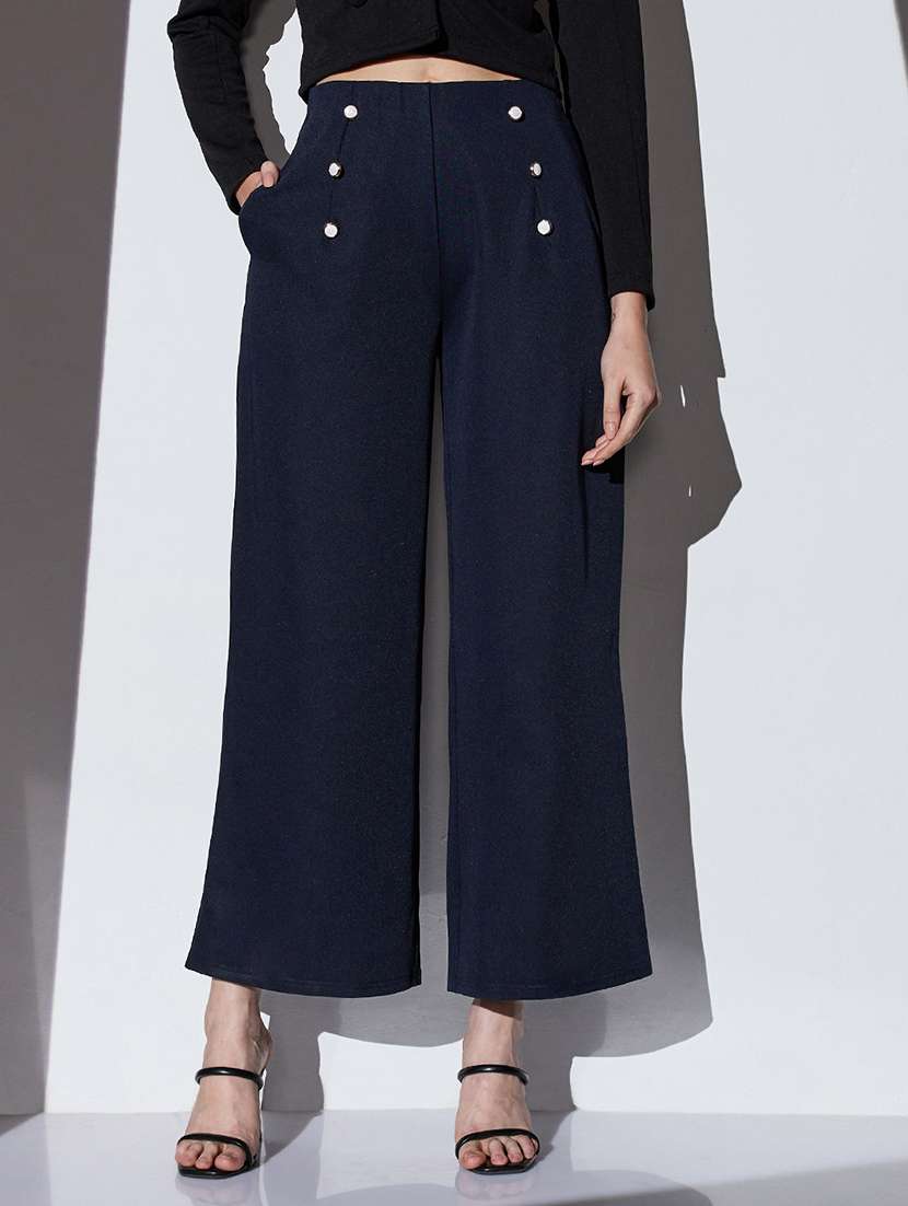 globus women navy mid-rise solid button detail wide leg trousers