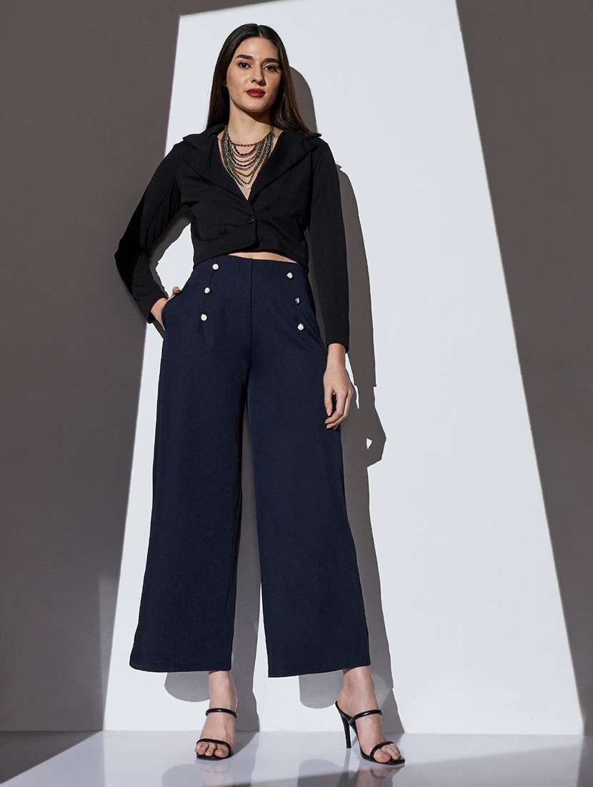 globus women navy mid-rise solid button detail wide leg trousers - 22085199 -  Standard Image - 3