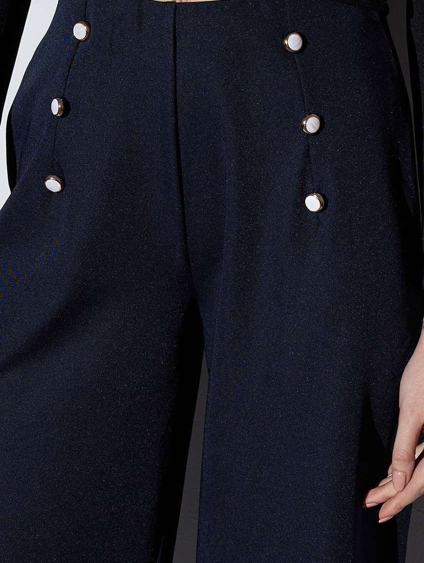 globus women navy mid-rise solid button detail wide leg trousers - 22085199 -  Standard Image - 5