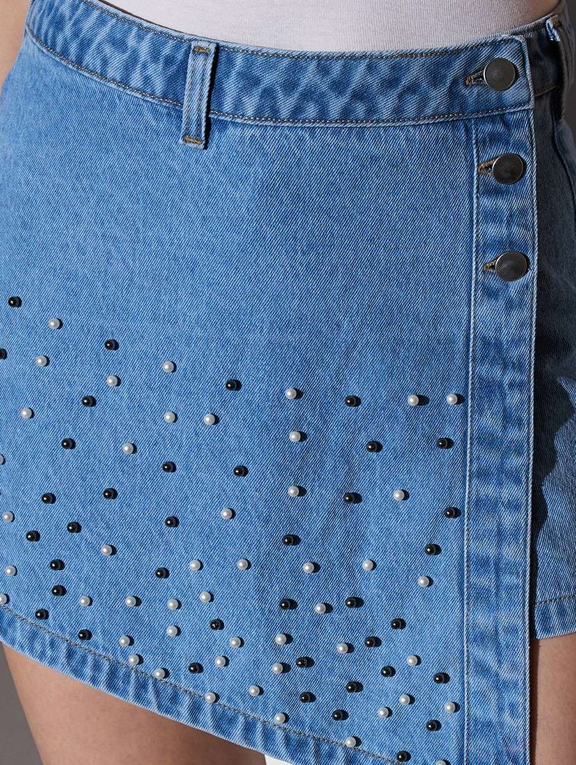 globus women med blue mid-rise pearl embellished mini denim skorts - 22085202 -  Standard Image - 5