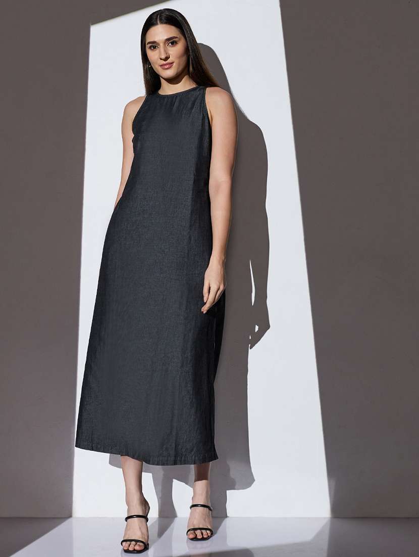 globus women black round neck sleeveless solid side slit midi a-line denim dress