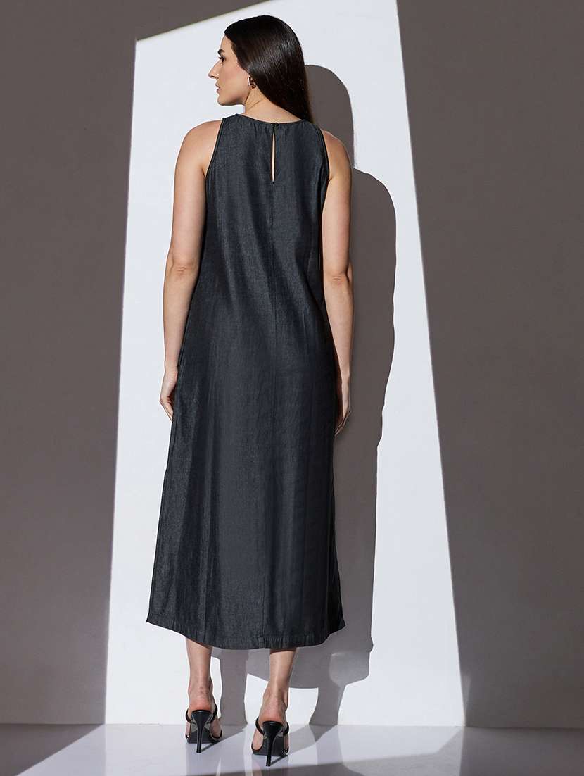 globus women black round neck sleeveless solid side slit midi a-line denim dress - 22085205 -  Standard Image - 3